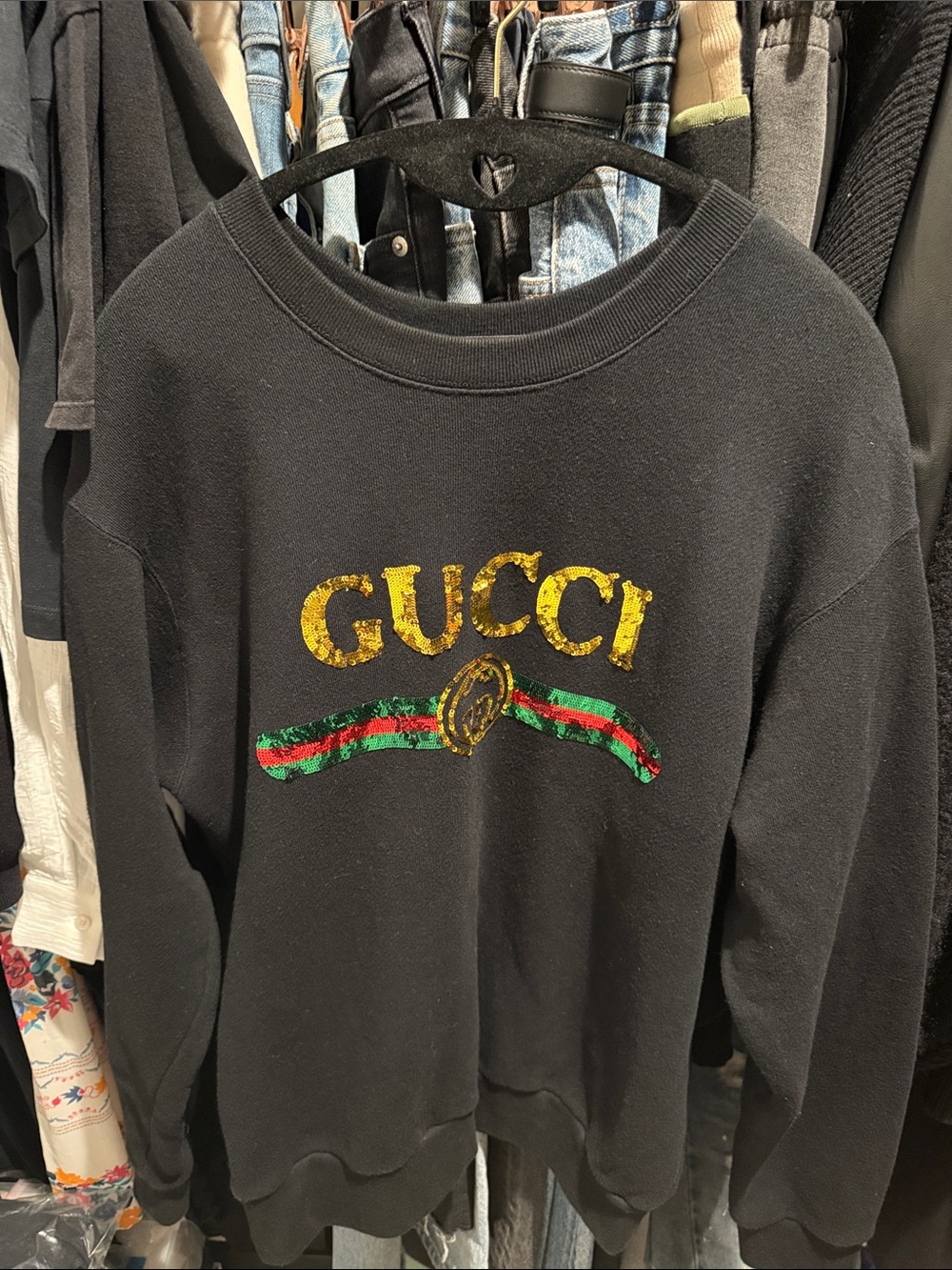 Gucci Black Sweatshirt with Gold Logo and Green-Red Stripe